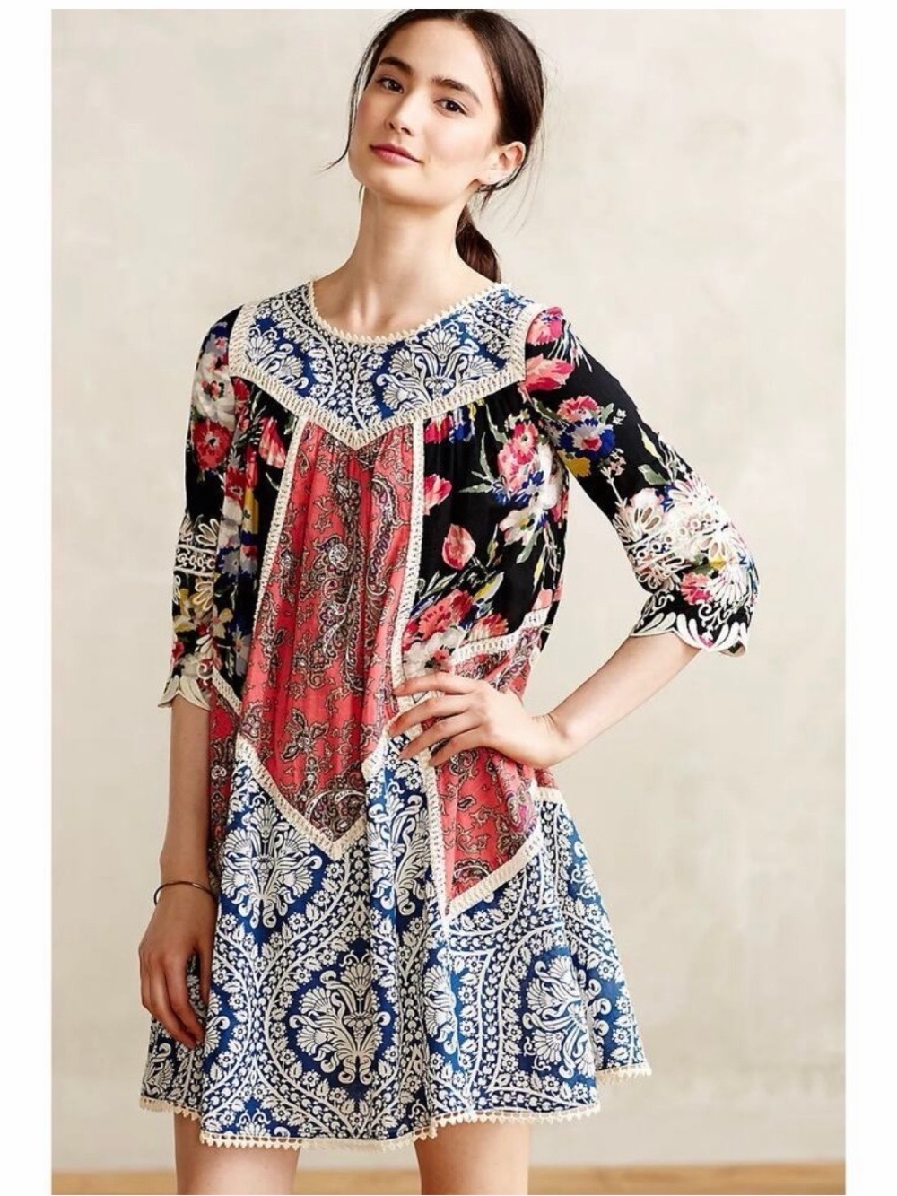 Anthropologie Vanessa Virginia Mixed-Print Boho Tunic Dress Sz 6